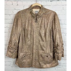 CHICO'S beige 3/4 gathered sleeve animal print full zip jacket blazer 2 (12 L)